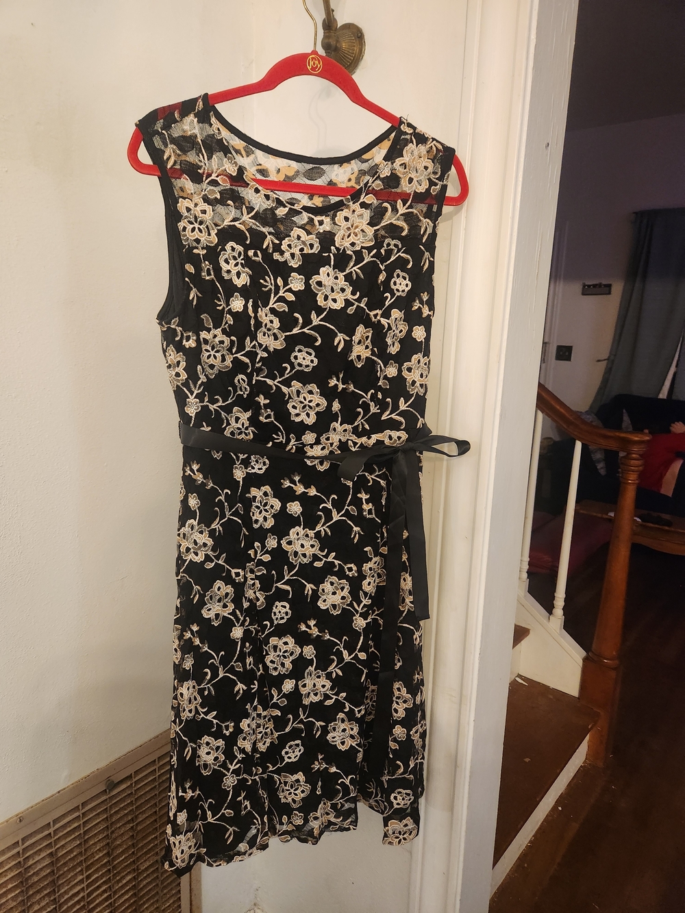 Black Floral Lace Midi Dress with Ivory Embroidery and Waist Tie